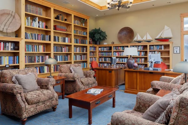 Cozy library lounge with bookshelves and seating