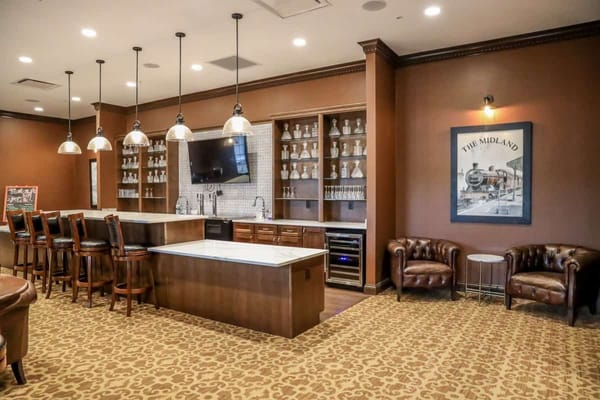 Interior view of a common area with seating and a bar