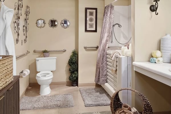 Modern bathroom with grab bars and a walk-in tub
