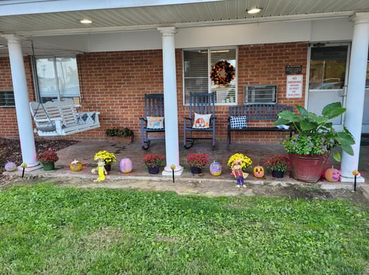 Decorated porch with seasonal plants and props