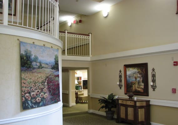 Creative wall tapestry and artwork in the lobby area