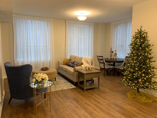 Bright interior living space decorated for the holidays