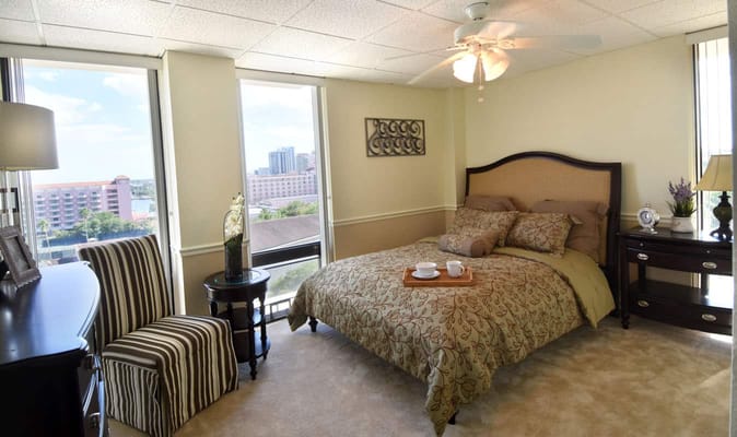 Cozy private resident room with bedding and decor