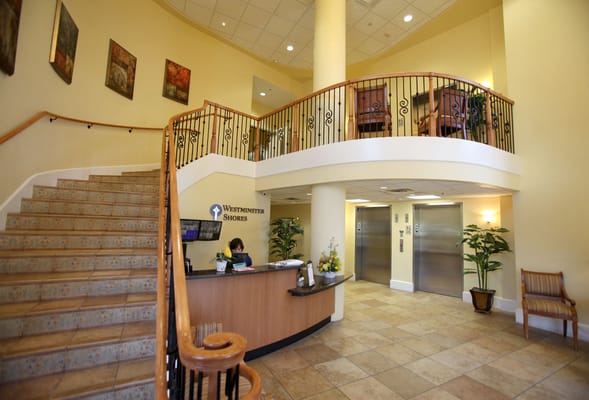 Modern lobby area with seating and reception