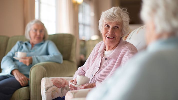 Two senior women chatting in a cozy living room setting