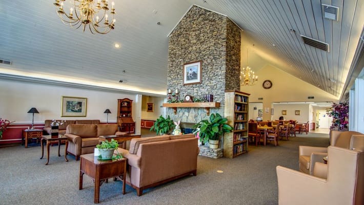 Bright common area with seating and decor