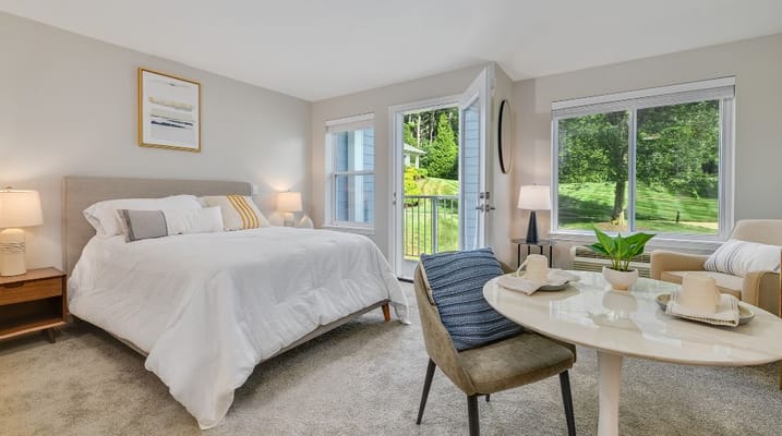 Brightly lit bedroom with a queen bed and a view of the outdoors