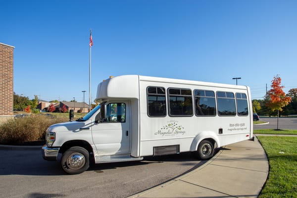 White bus with Magnolia Springs logo parked outside