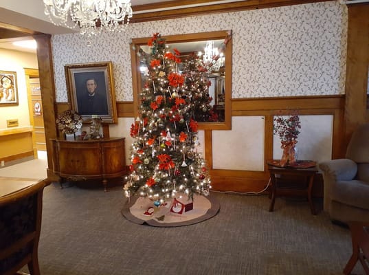 Christmas tree decorated in a cozy common area