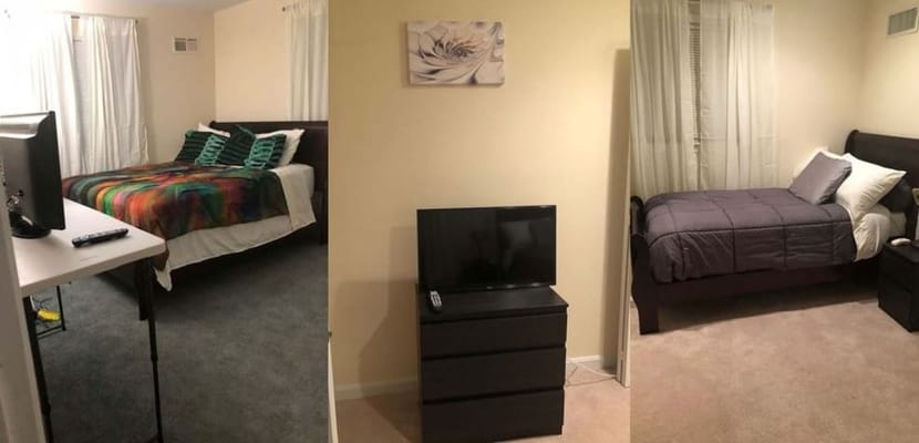 Two cozy bedrooms featuring beds, dressers, and a television.