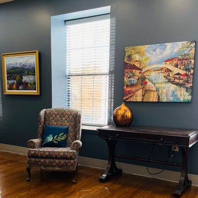Interior view of a living area with artwork