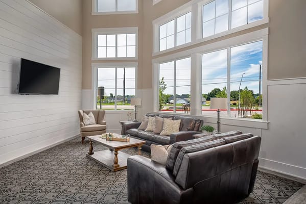 Bright and airy lounge area in a senior living facility