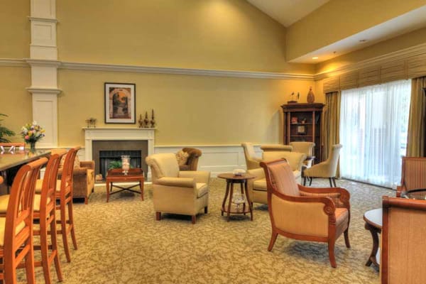 Comfortable lounge with seating and fireplace