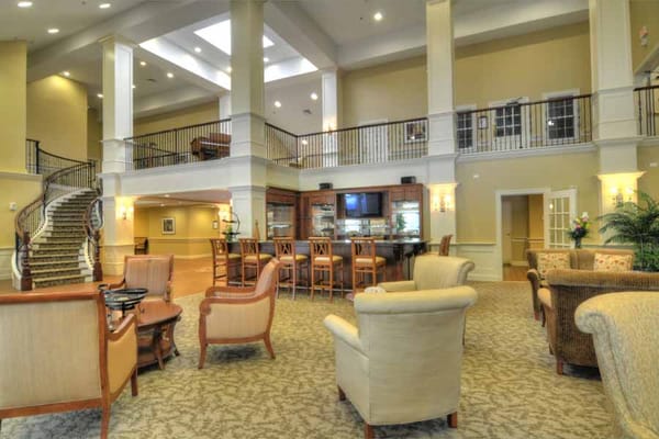 Cozy lounge area with seating and a bar