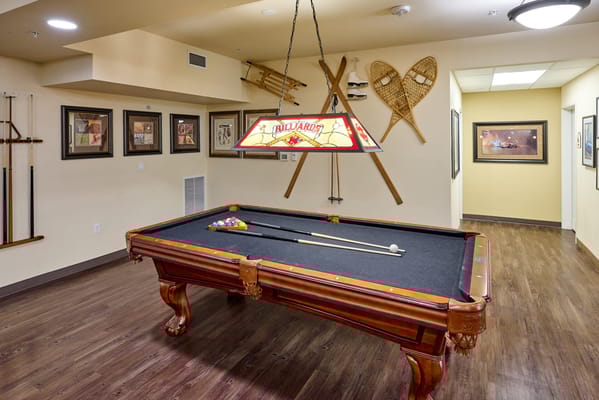 Brightly lit billiards area with a pool table