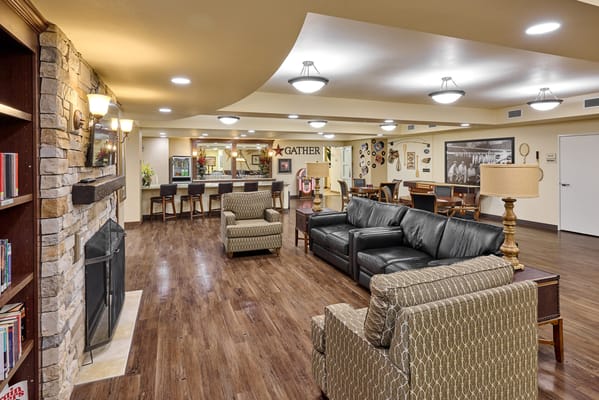 Common area with seating and a fireplace