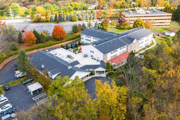 Aerial view of Rittenhouse Village at Lehigh Valley surrounded by fall foliage
