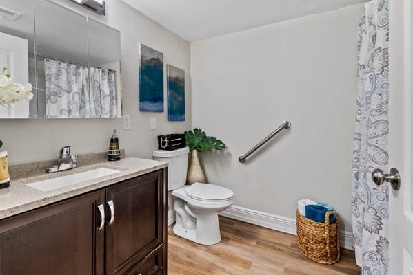 Modern bathroom with accessible features and decor