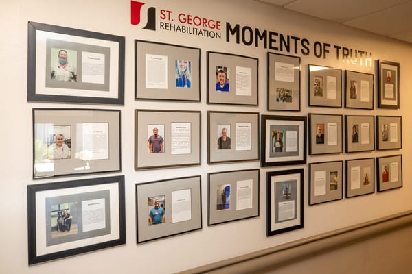 Framed photographs and stories displayed on a wall
