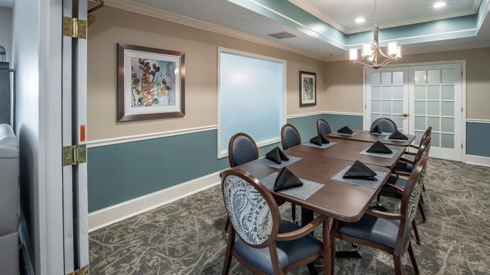 A dining room set up for residents in assisted living