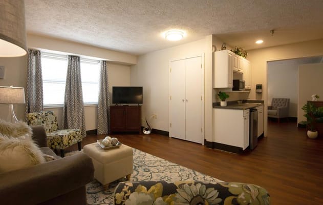 Bright living area of a senior resident's suite