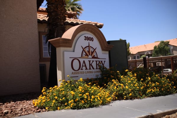 Exterior sign and landscaping of Oakey Assisted Living