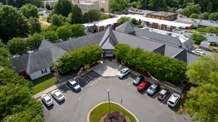 Aerial view of the Rock Hill Post Acute Care Center with parking lot