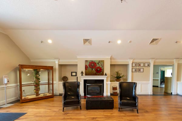 Bright common area with seating and decor