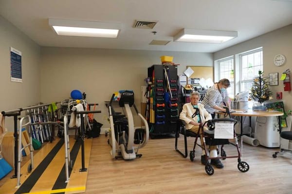 Residents engaged in therapy exercises in a bright room