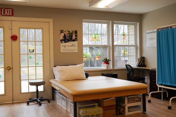 Bright therapy room with windows and a treatment table