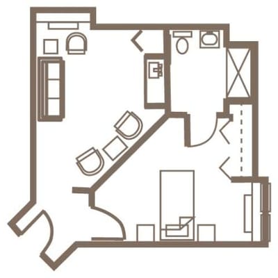 Architectural floor plan of a one-bedroom unit
