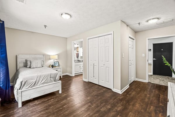 Bright interior view of a private resident room