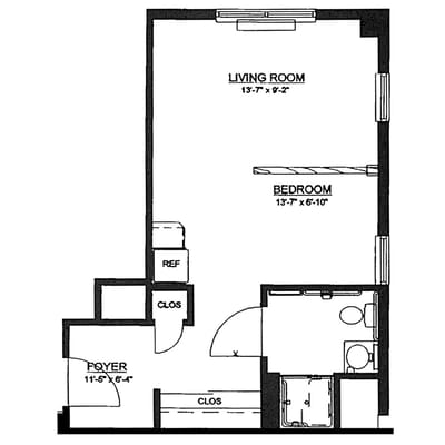 Architectural floor plan of a one-bedroom unit