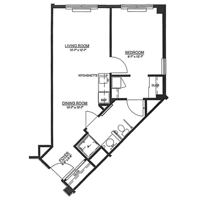 Architectural floor plan of a one-bedroom unit