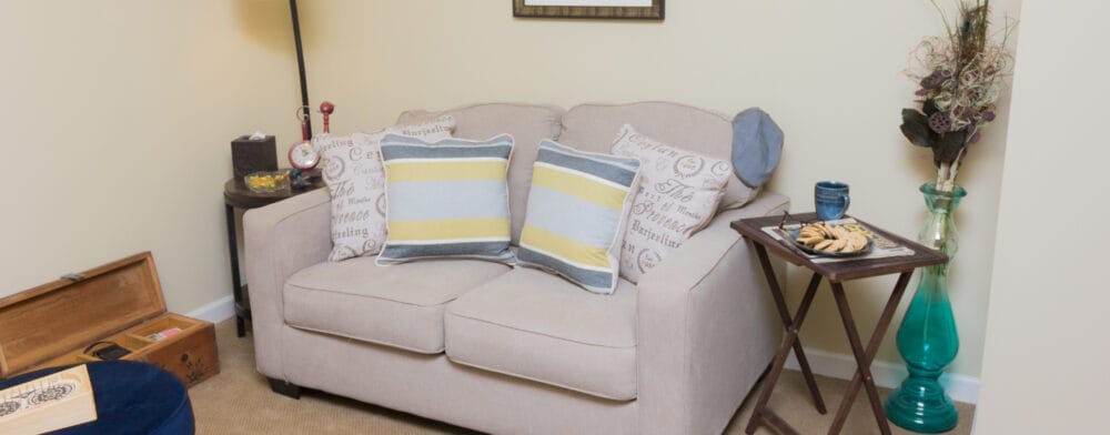 Cozy sitting area with a sofa and snacks