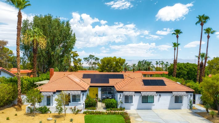 Aerial view of the assisted living facility with palm trees