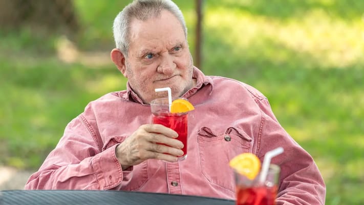 Senior resident enjoying a drink in an outdoor space.