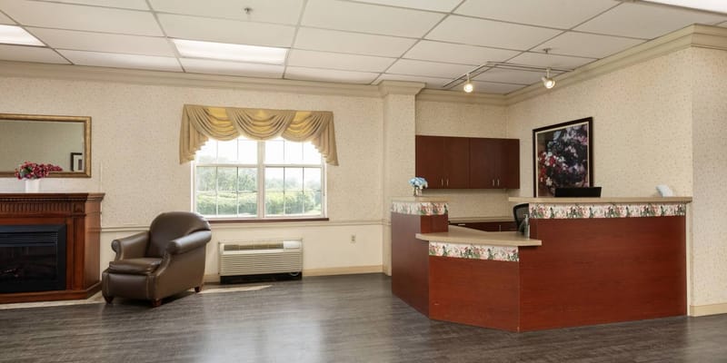 Bright lobby area with a reception desk