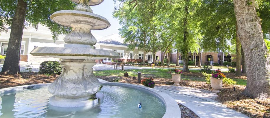 Outdoor fountain surrounded by greenery and walking paths