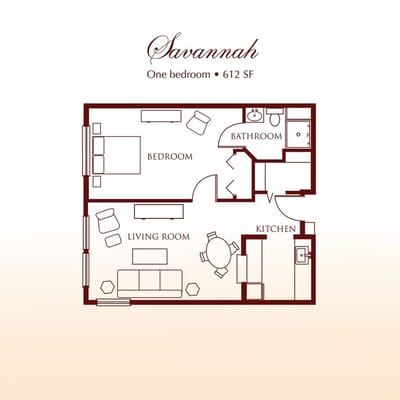 Architectural floor plan of a one-bedroom unit