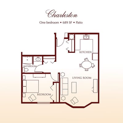 Architectural floor plan of a one-bedroom unit