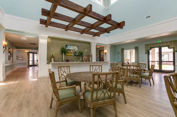 Bright common area with seating and decor