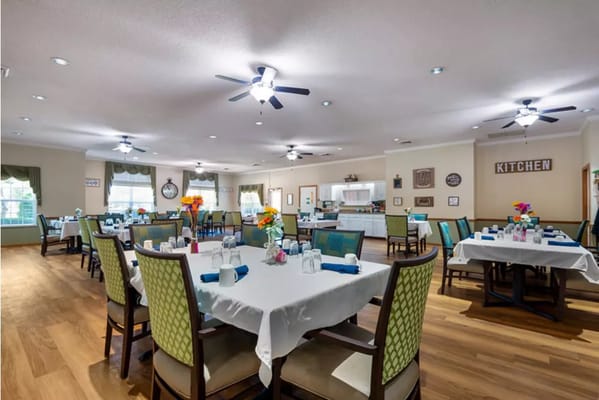 Bright dining room set for a meal service