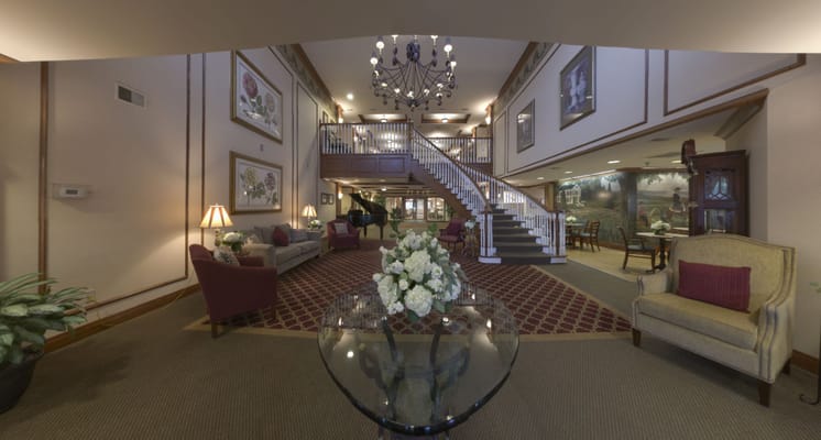 Interior view of a welcoming lobby in a senior living facility