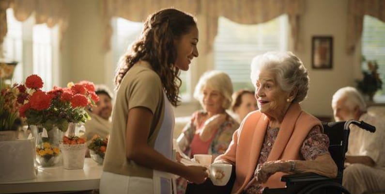 A staff member serving tea to a smiling elderly resident in a communal setting