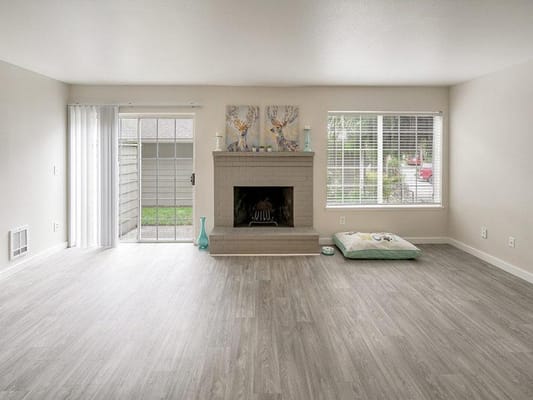 Bright interior lounge area with a fireplace