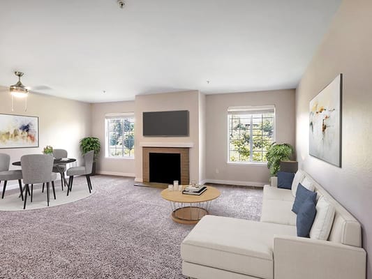 Bright interior living area with seating and dining space