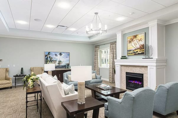Bright common area with modern furnishings and artwork