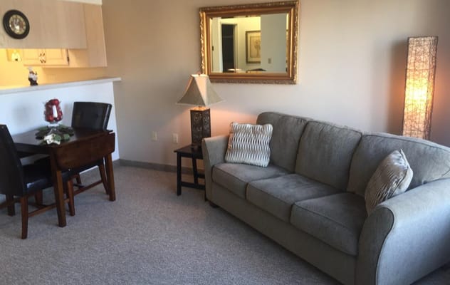Cozy interior view of a living area with couch and dining table