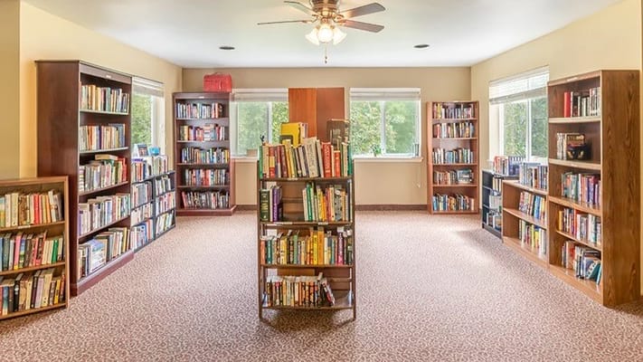 Interior view of a cozy library with bookshelves